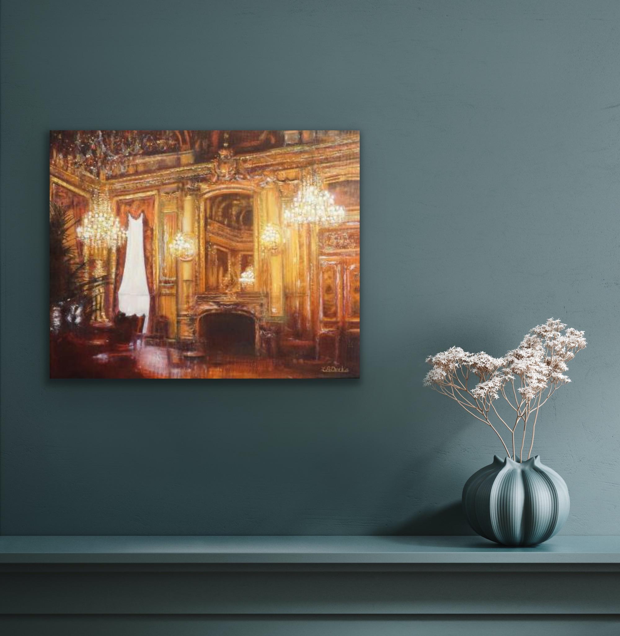 Parisian Chandeliers, landscape art, original art, interior art, still-life - Realist Painting by Lesley Anne Durks