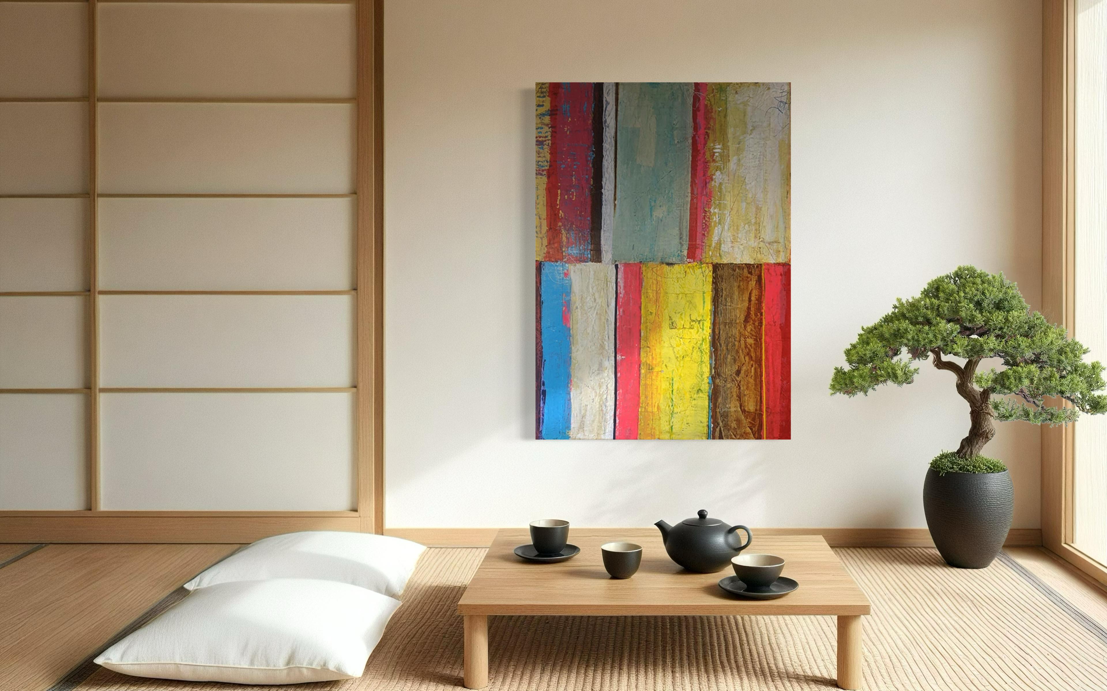 Beach Vibe - Pintura Abstracta en Técnica Mixta por Lesley - Arte Contemporáneo - Abstract Painting Marrón de Lesley Anne Spowart