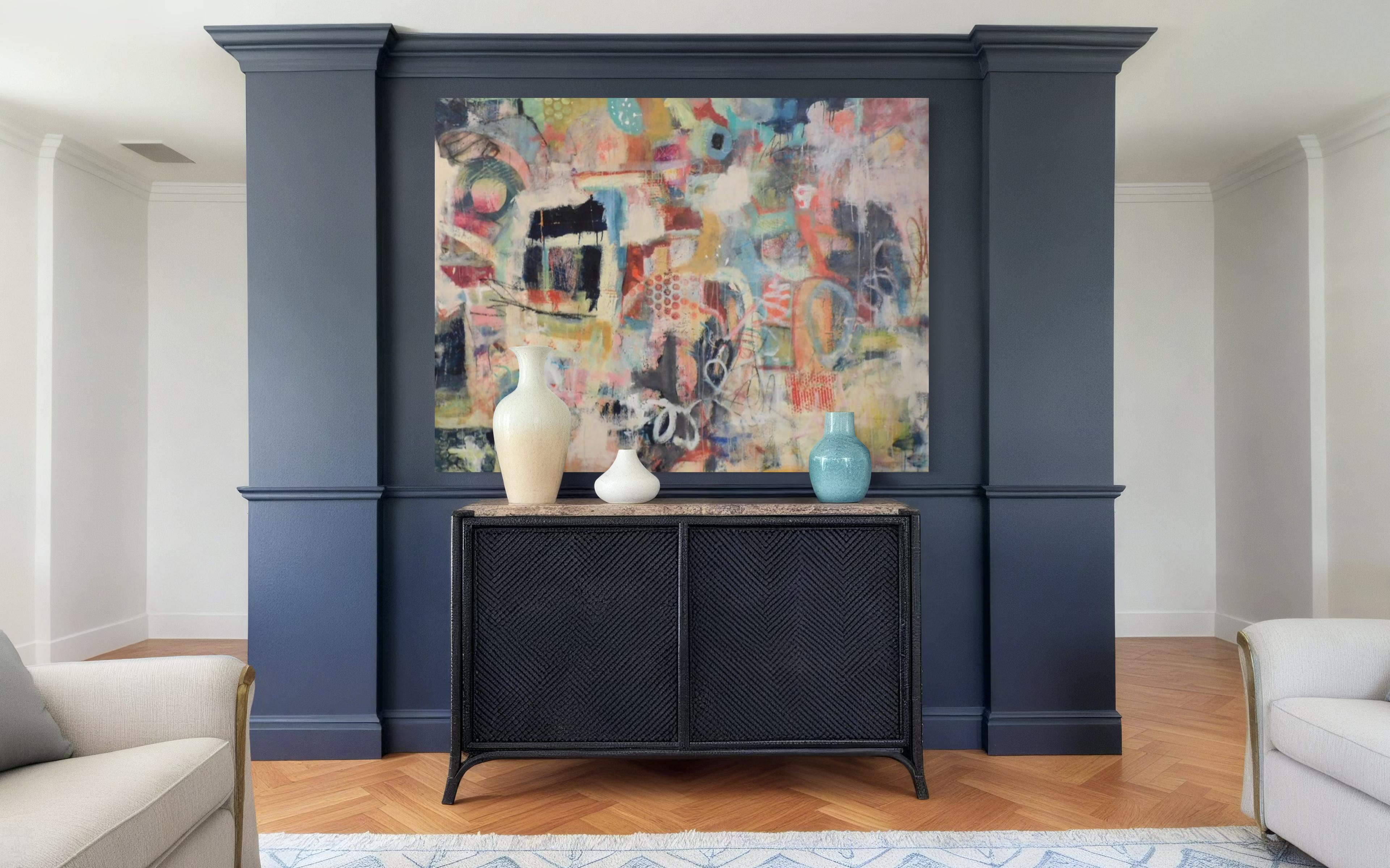 Blue Square - Peinture abstraite en techniques mixtes par Lesley - Art contemporain - Marron Abstract Painting par Lesley Anne Spowart