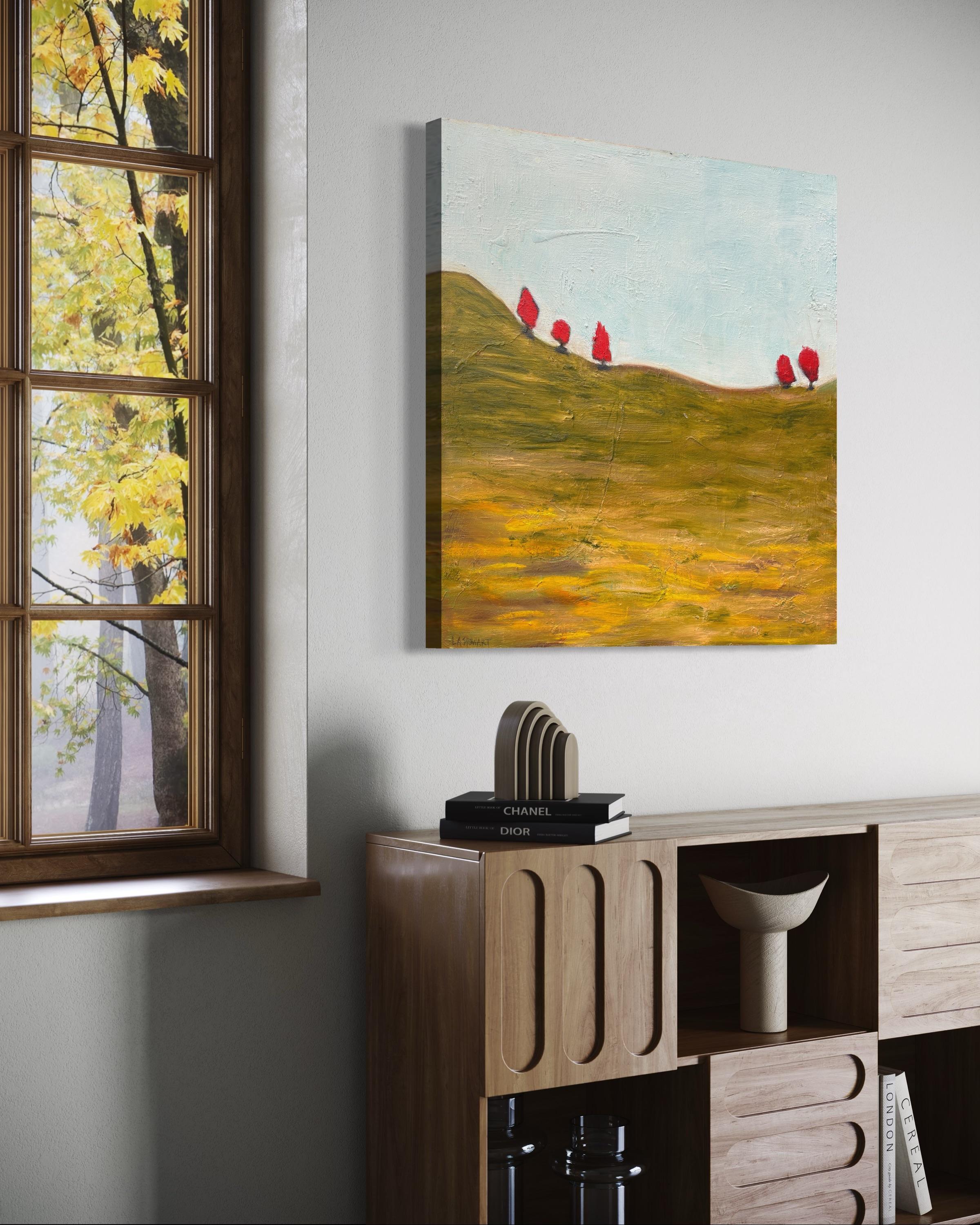 « 5 Orange Trees » de Lesley - Peinture à l'huile de paysage bleu, orange et de couleur terre en vente 6
