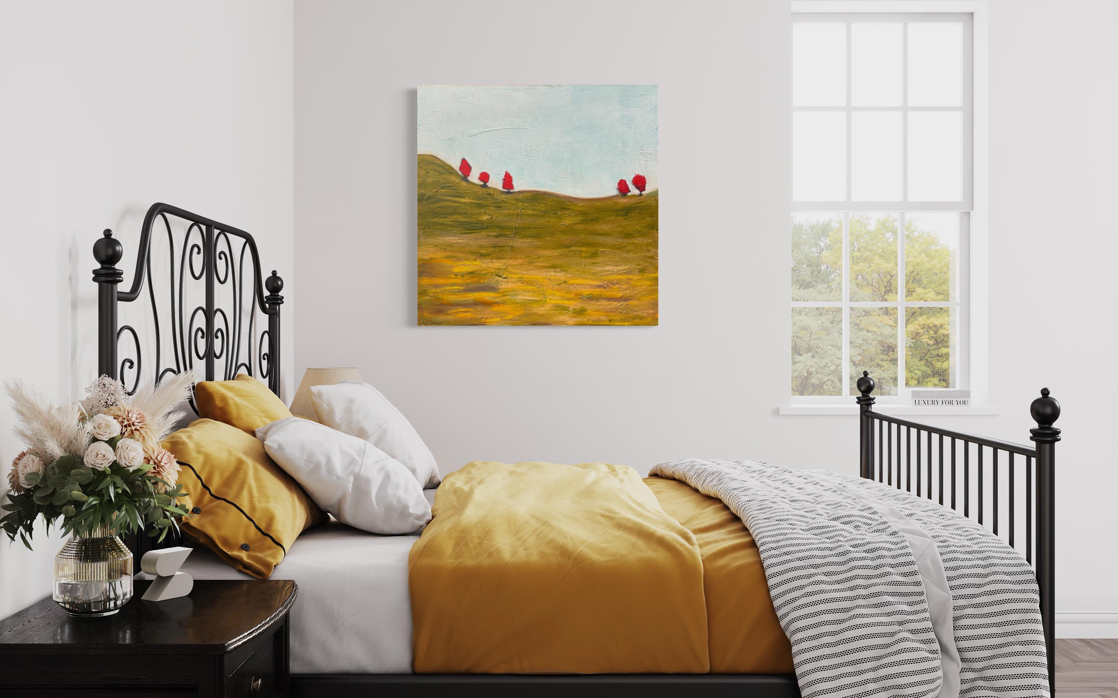 « 5 Orange Trees » de Lesley - Peinture à l'huile de paysage bleu, orange et de couleur terre - Painting de Lesley Anne Spowart