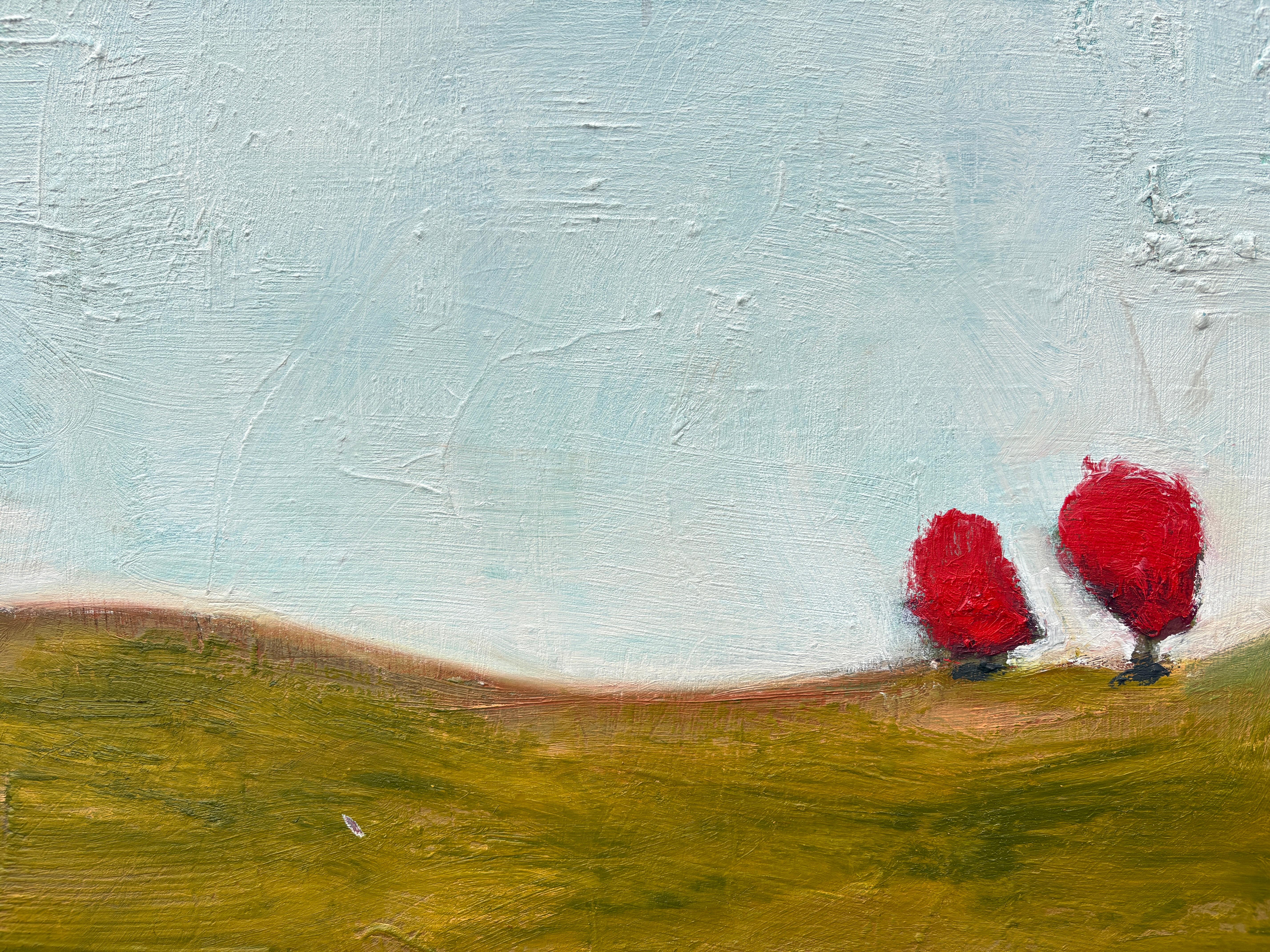 « 5 Orange Trees » de Lesley - Peinture à l'huile de paysage bleu, orange et de couleur terre - Contemporain Painting par Lesley Anne Spowart