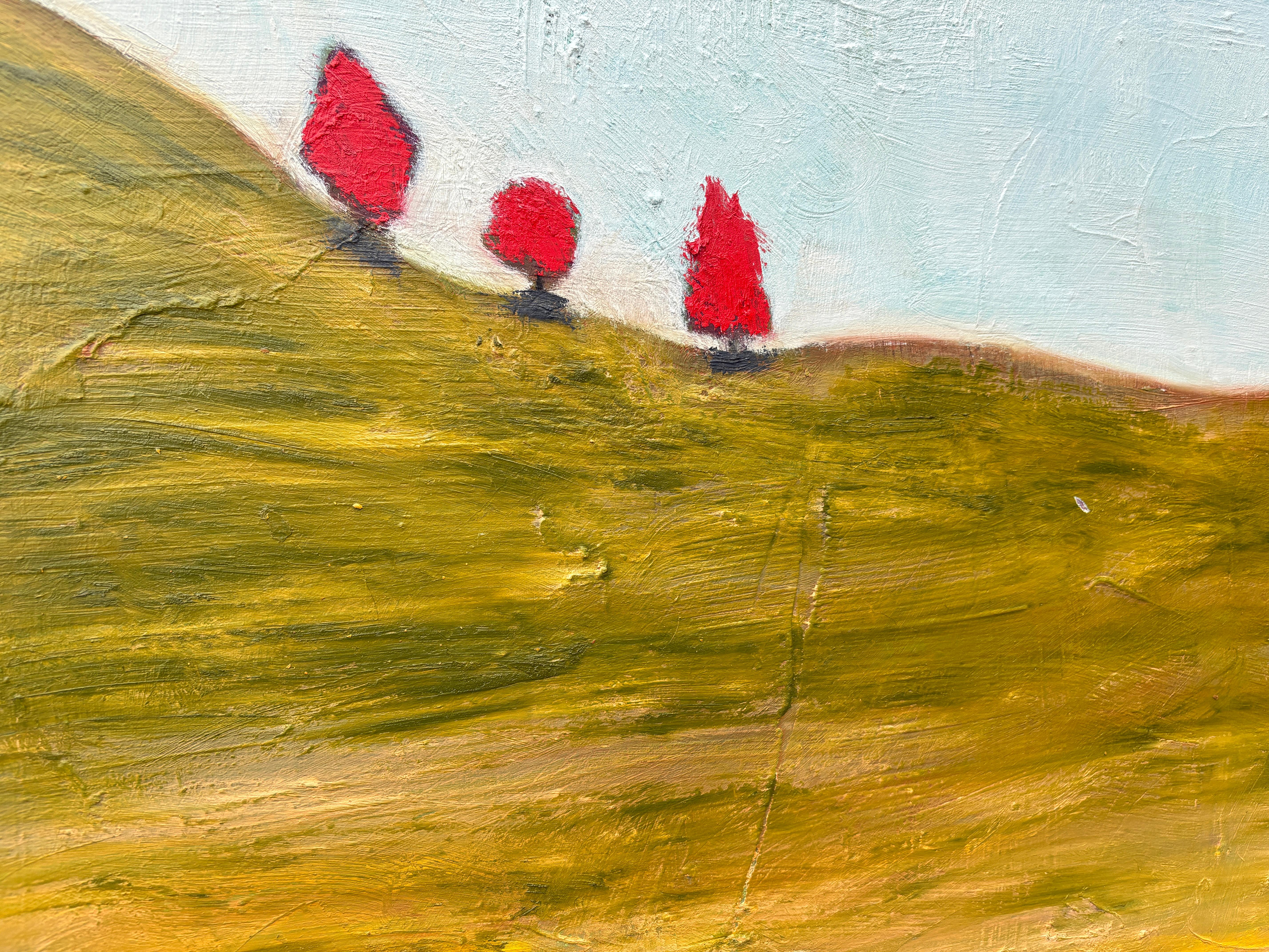 « 5 Orange Trees » de Lesley - Peinture à l'huile de paysage bleu, orange et de couleur terre en vente 1