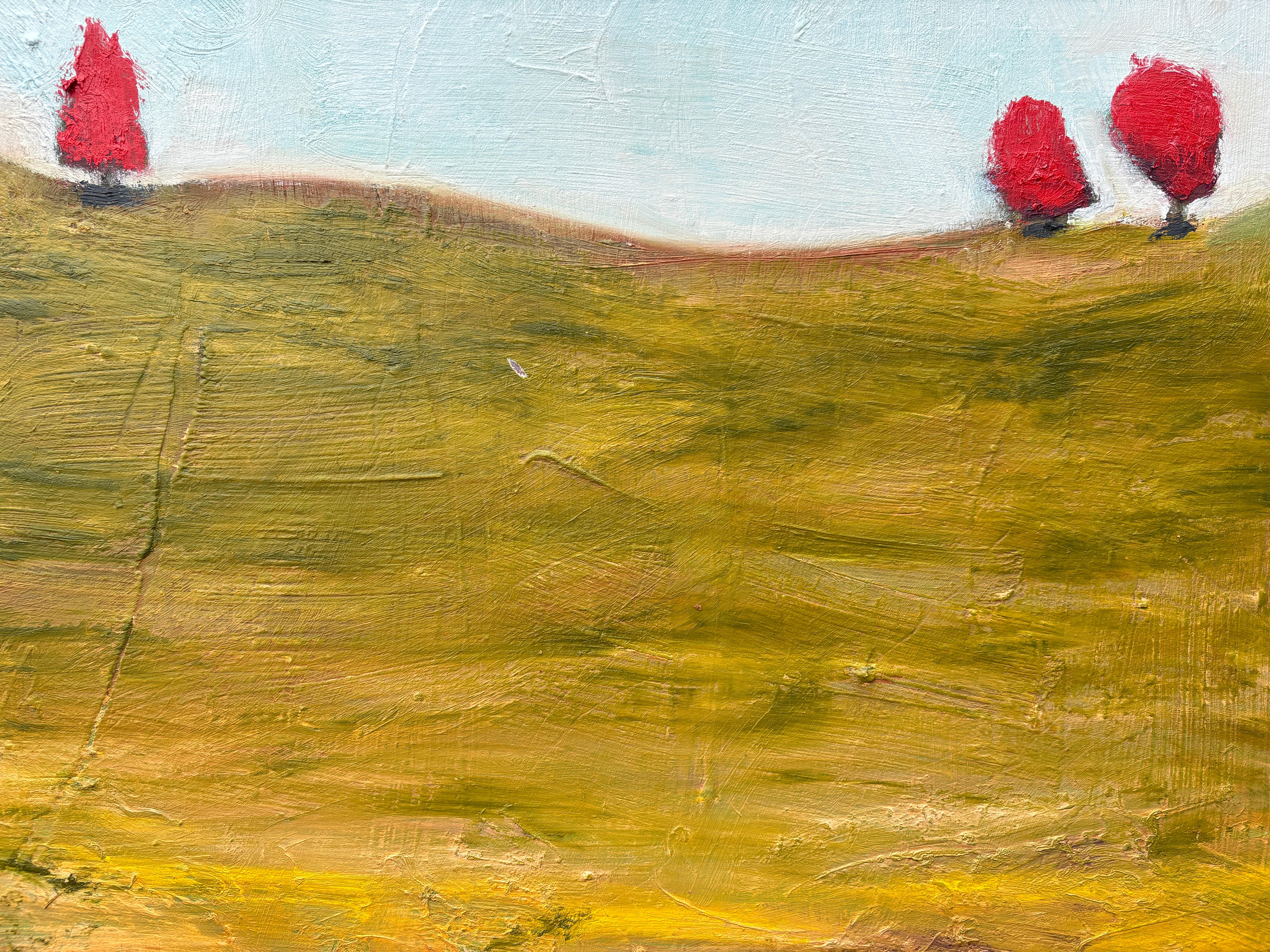 « 5 Orange Trees » de Lesley - Peinture à l'huile de paysage bleu, orange et de couleur terre en vente 2