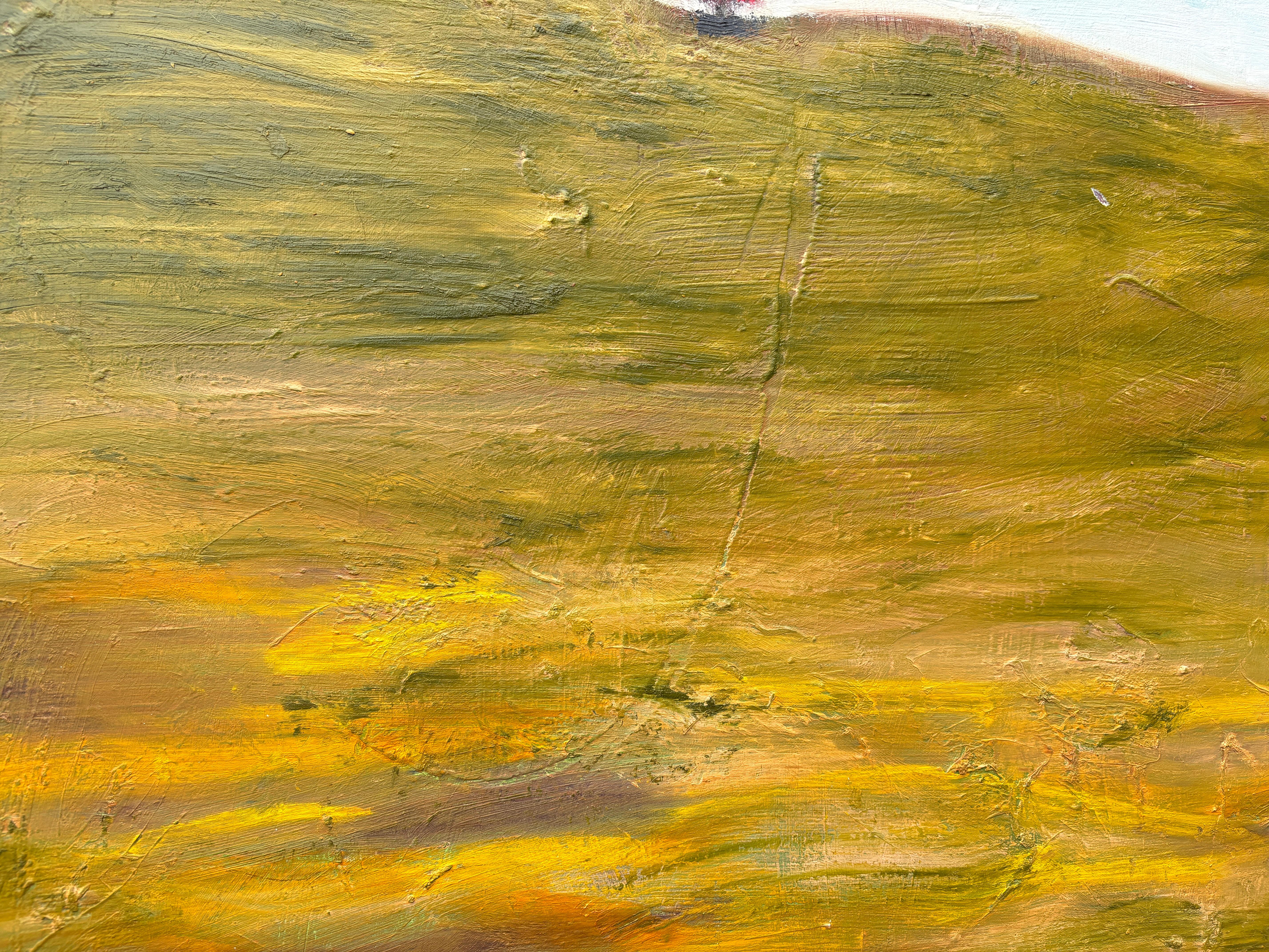 « 5 Orange Trees » de Lesley - Peinture à l'huile de paysage bleu, orange et de couleur terre en vente 3