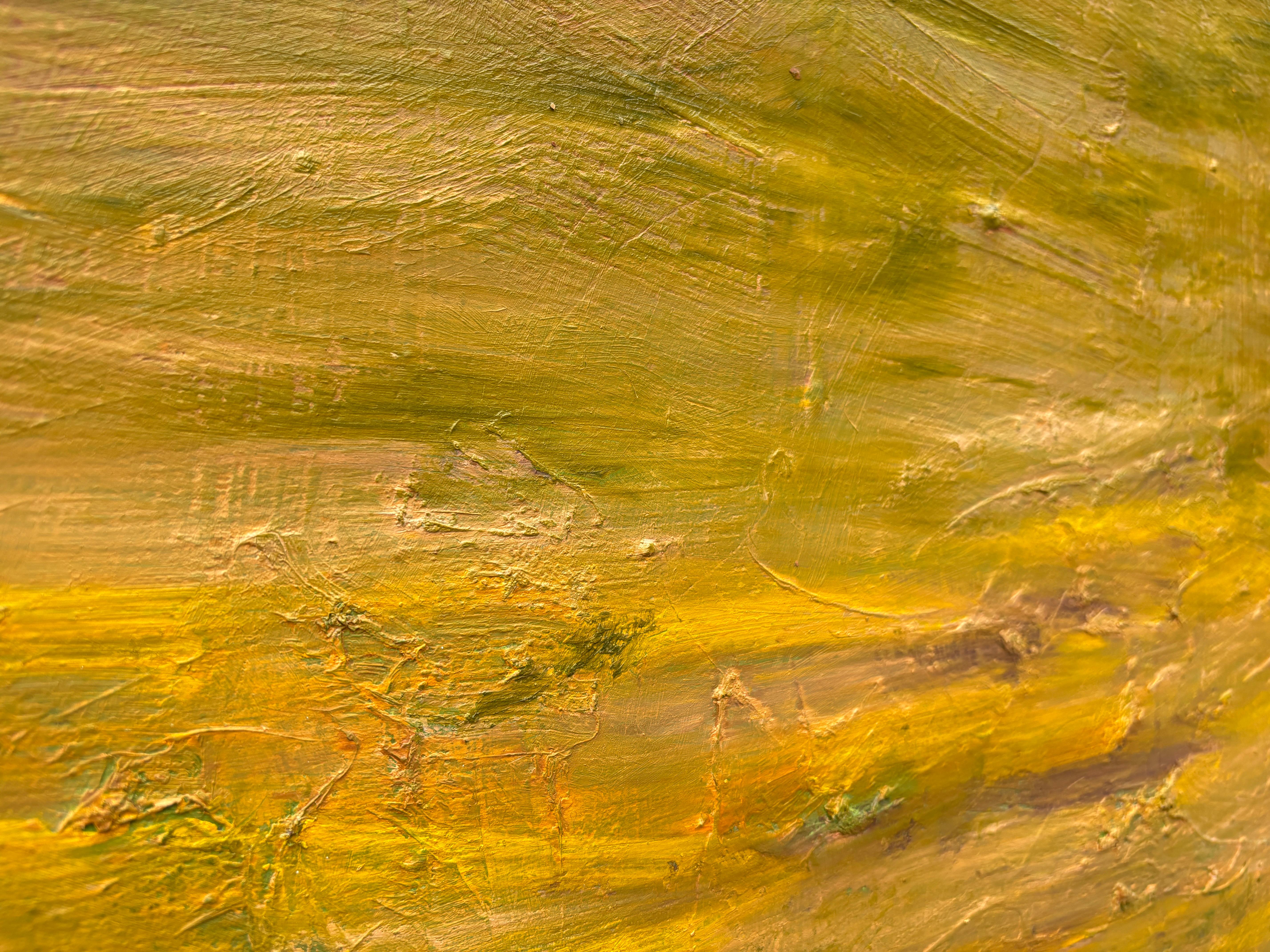 « 5 Orange Trees » de Lesley - Peinture à l'huile de paysage bleu, orange et de couleur terre en vente 4