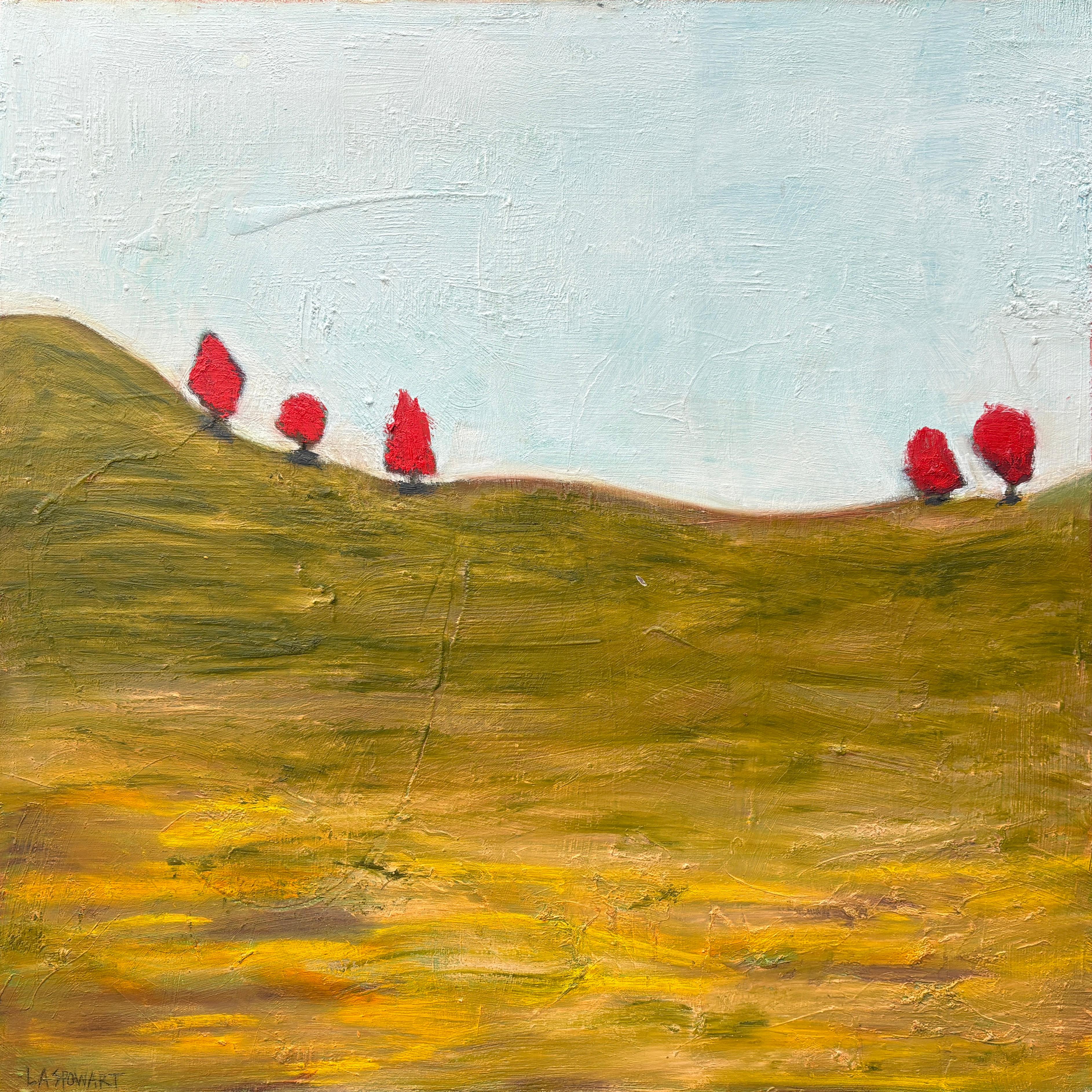 « 5 Orange Trees » de Lesley - Peinture à l'huile de paysage bleu, orange et de couleur terre
