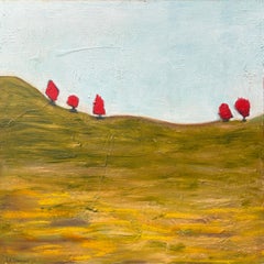 "5 alberi arancioni" di Lesley - Pittura ad olio di paesaggi blu, arancioni e nei toni della terra