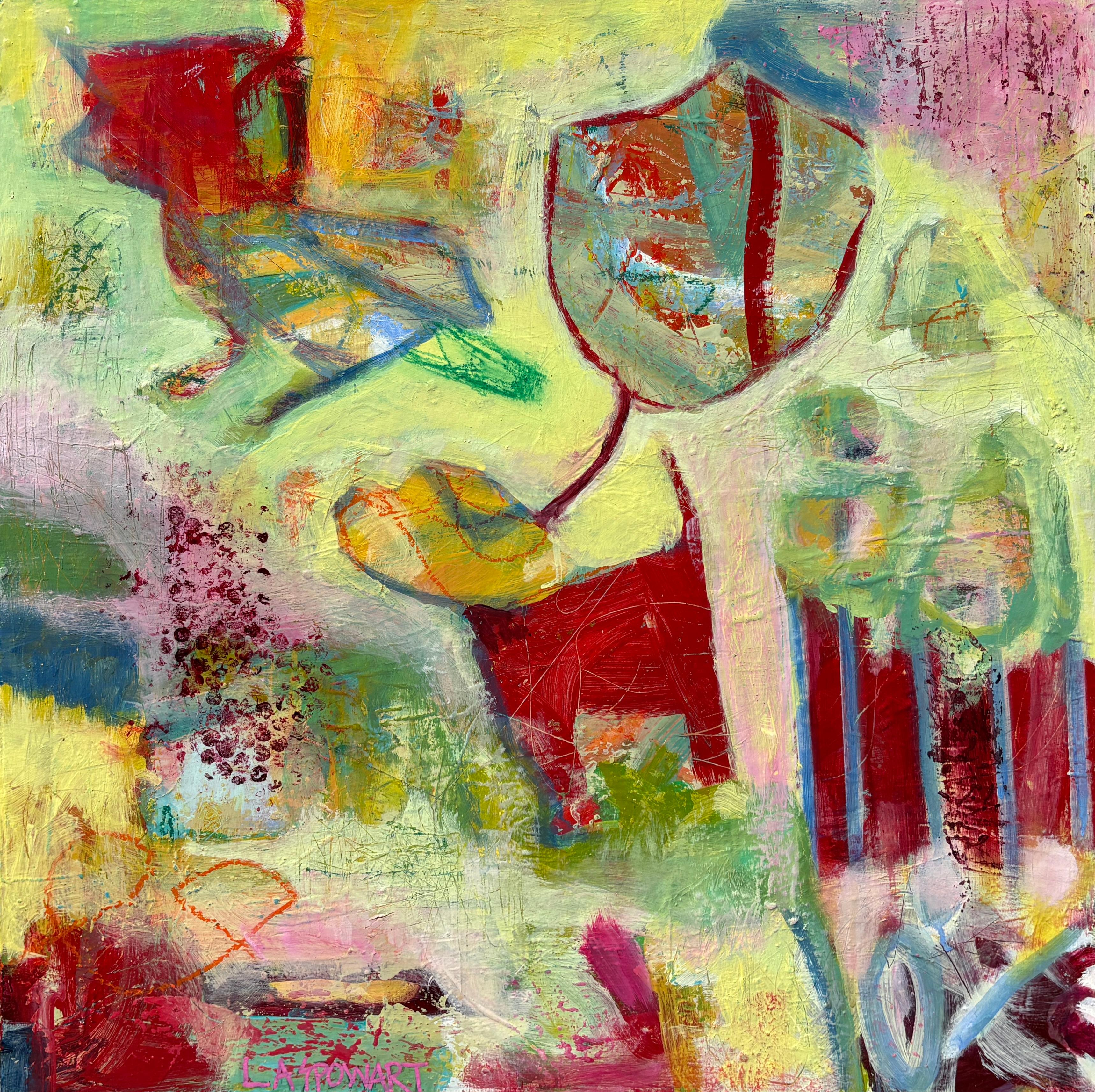 Lesley Anne Spowart Animal Painting – "Bird Dog" - Helle strukturierte gemischte Medien Zeitgenössische geschichtete abstrakte Kunstwerk