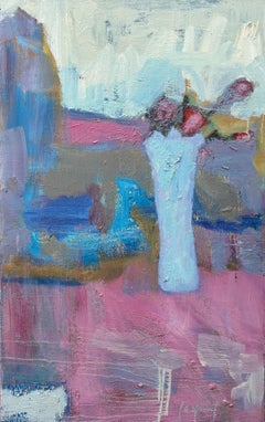 „Blaue Vase“ – Impressionistische blau-rosa Blumenvase, Stillleben-Ölgemälde, Stillleben