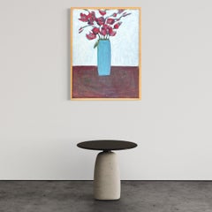 "Bouquet" - Natura morta a olio su masonite, firmata 2006, vaso blu e petali rossi