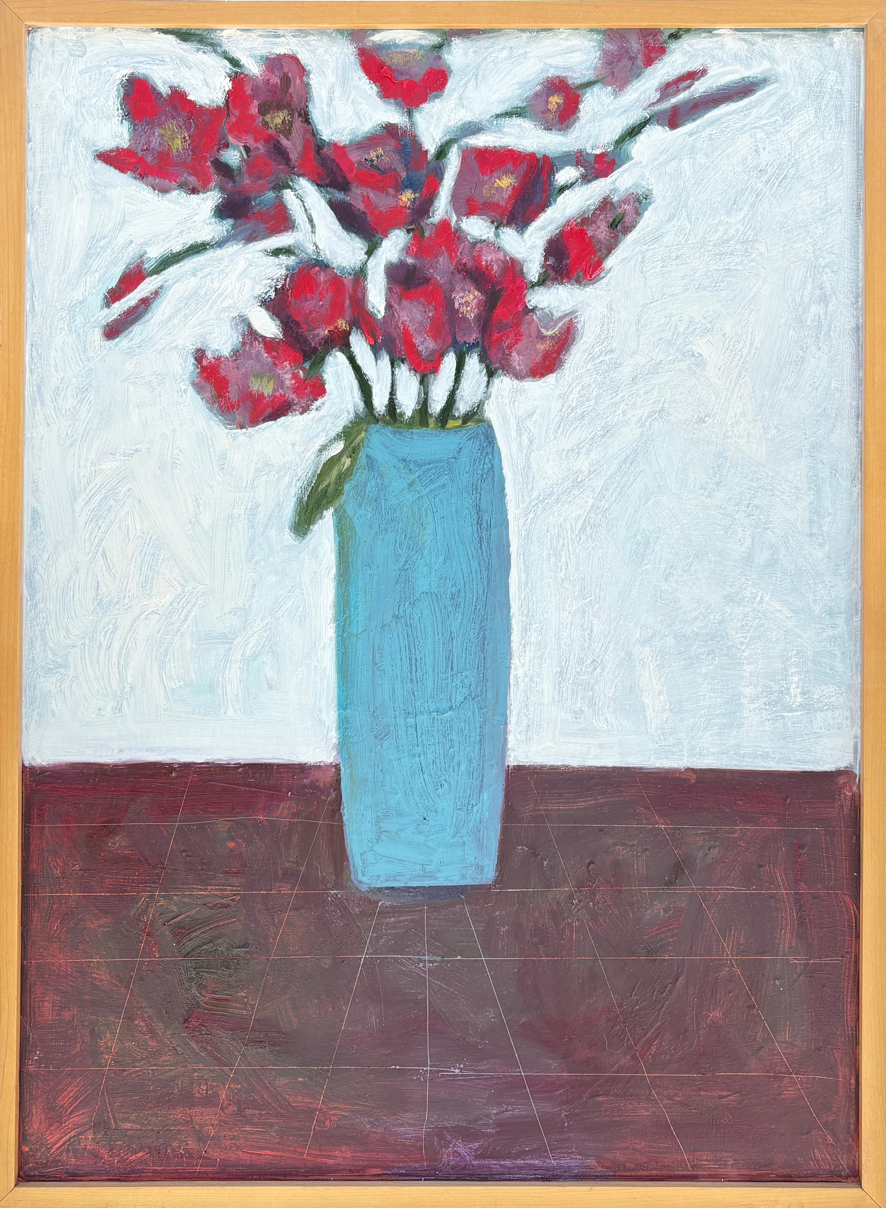 „Bouquet“ – Stillleben, Ölgemälde auf Masonit, signiert 2006, blaue Vase, rote Blütenblätter