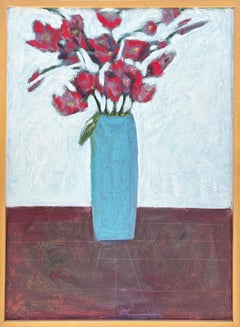 "Bouquet" - Natura morta a olio su masonite, firmata 2006, vaso blu e petali rossi