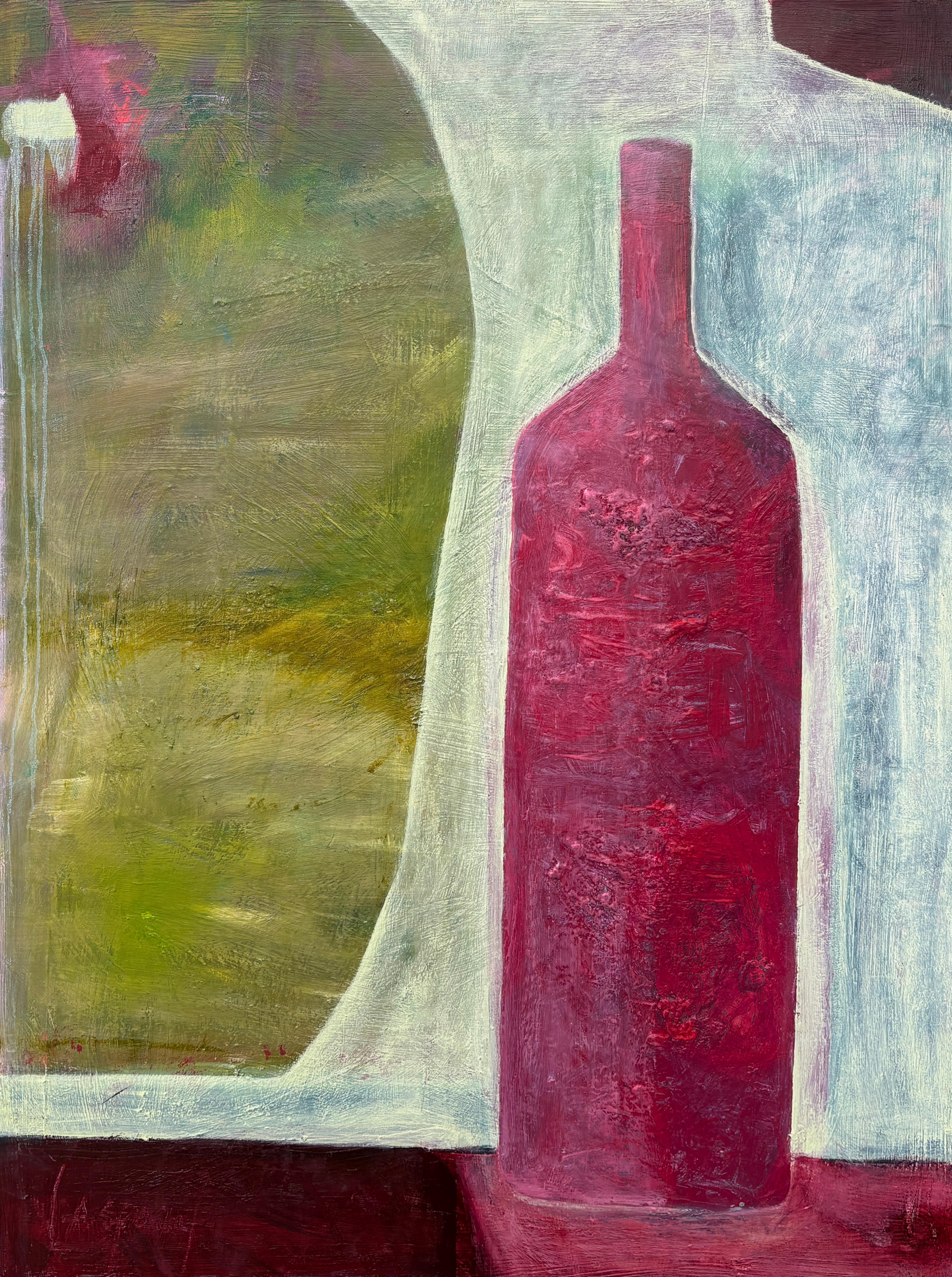 Lesley Anne Spowart (American, born 1957)
"Burgundy Bottle" 2020
Oil paint on canvas, stretcher bars
Signed by the artist at the bottom left and on the back of the artwork.

"Burgundy Bottle" is a quietly compelling still life by Lesley Anne