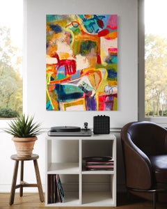 "Canines in Situ" - Art abstrait contemporain en mixed media sur les chiens, aux couleurs vives