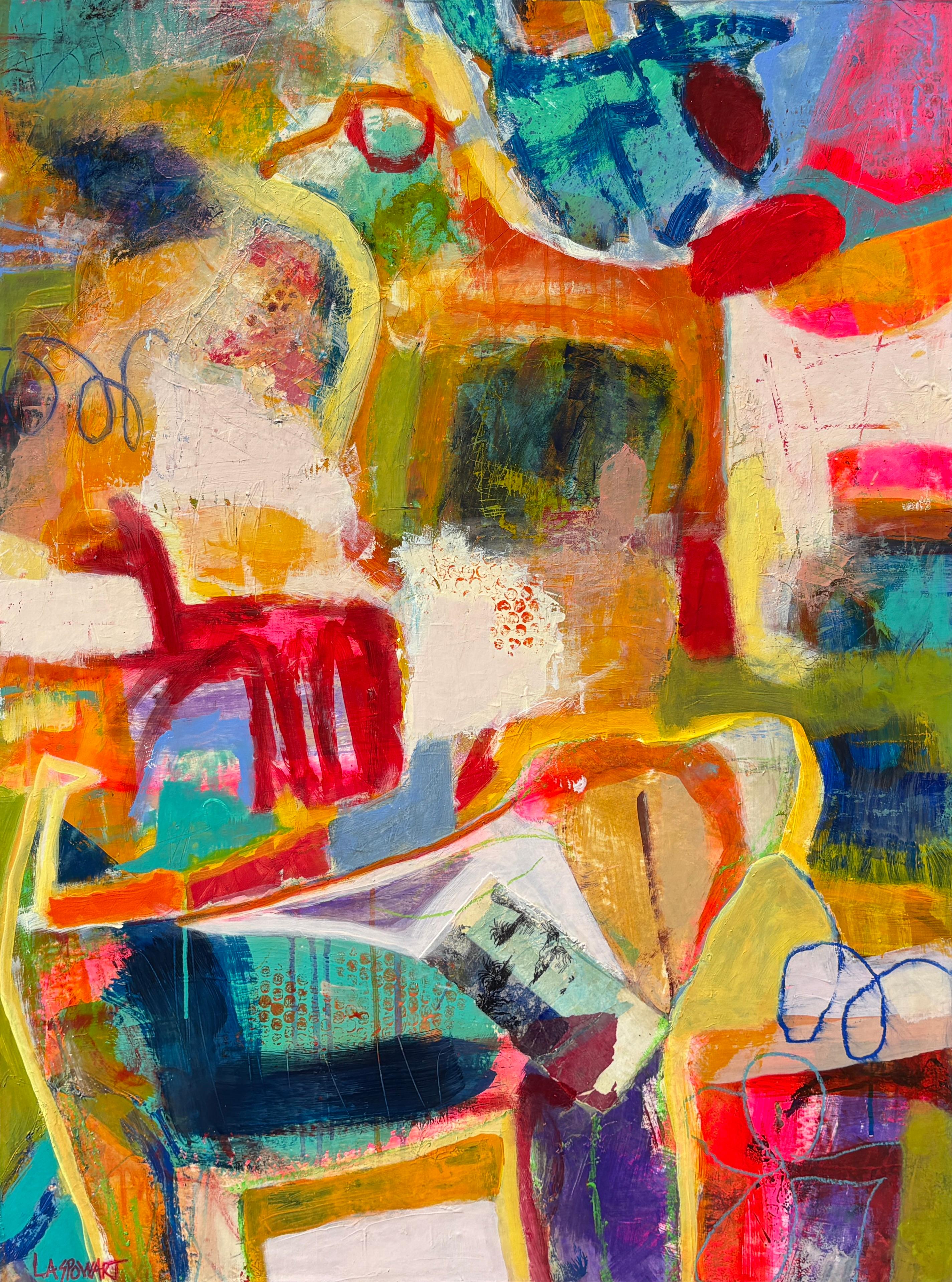 "Canines in Situ" - Art abstrait contemporain en mixed media sur les chiens, aux couleurs vives