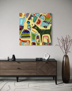 "Dog and Kitty Go for a Ride" by Spowart - Colorful Yellow Animal Abstract