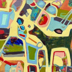 "Dog and Kitty Go for a Ride" by Spowart - Abstracto animal amarillo colorido