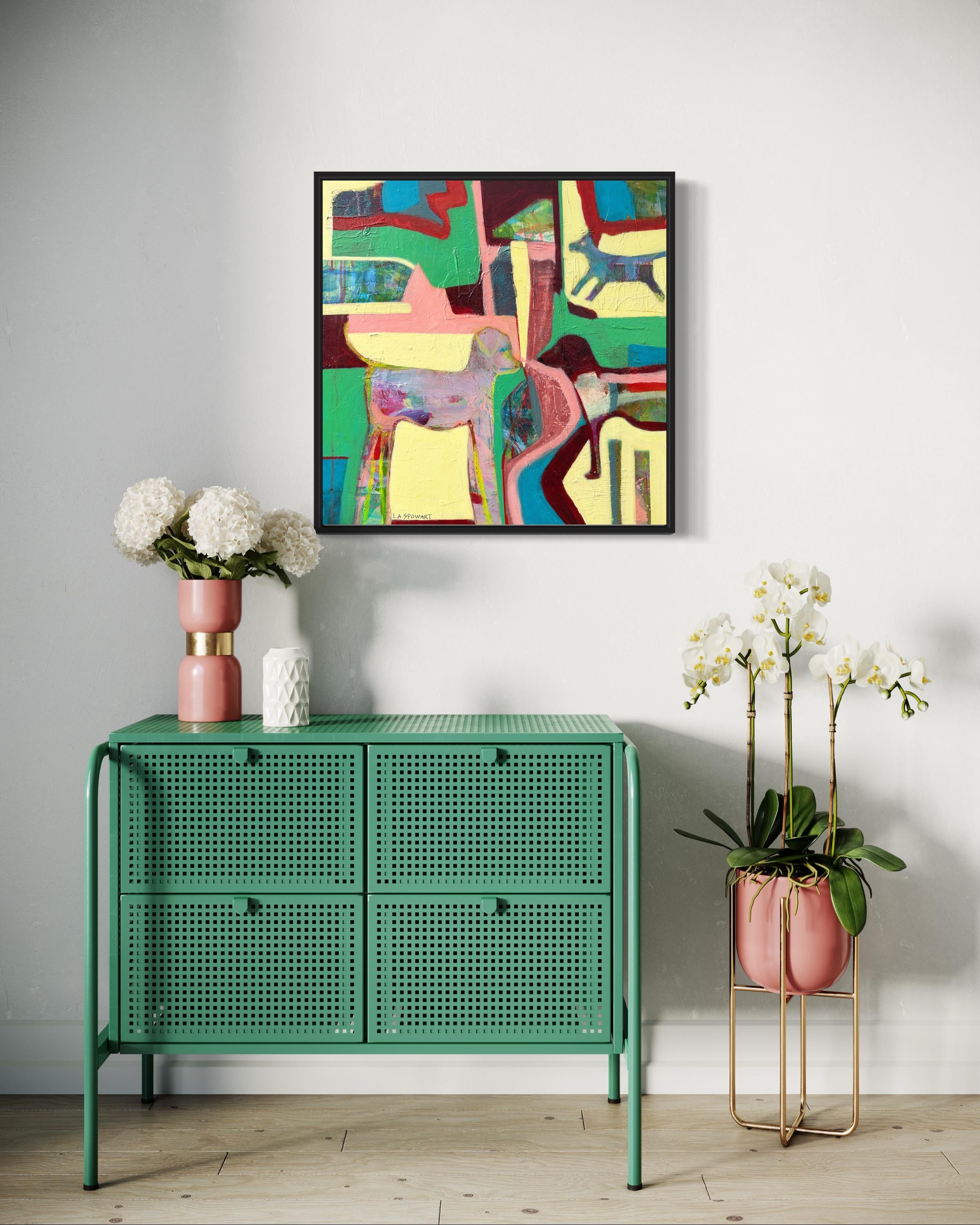 « Dog Park » de Lesley Anne Spowart - Peinture d'animaux abstraits verts et jaunes en vente 1