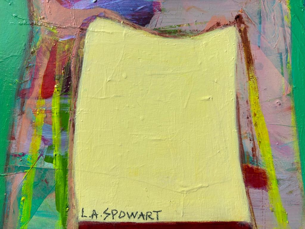 « Dog Park » de Lesley Anne Spowart - Peinture d'animaux abstraits verts et jaunes en vente 7
