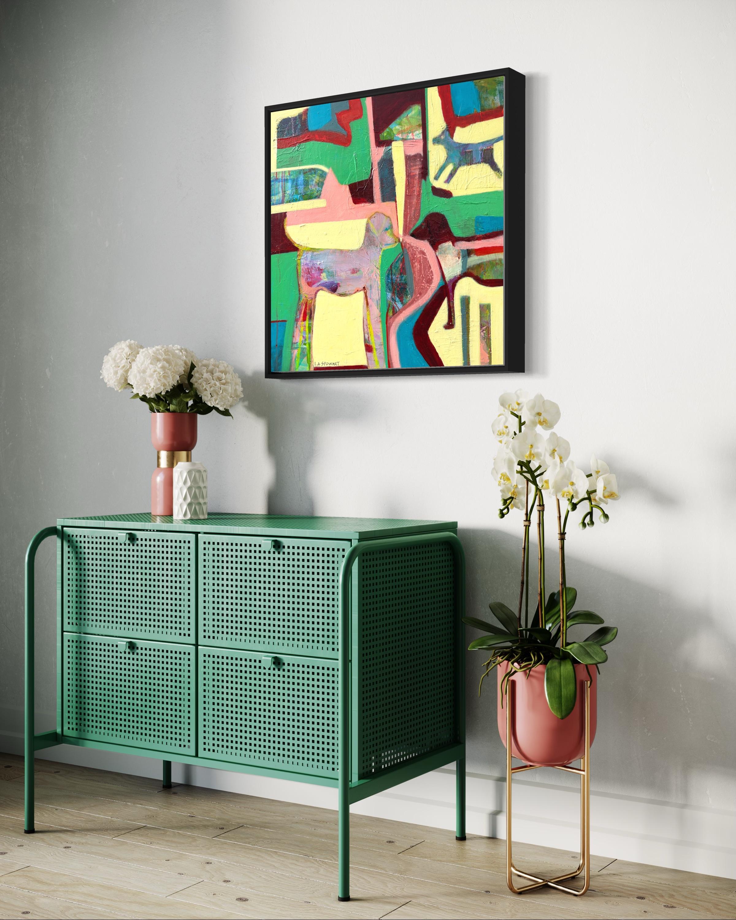 « Dog Park » de Lesley Anne Spowart - Peinture d'animaux abstraits verts et jaunes en vente 8