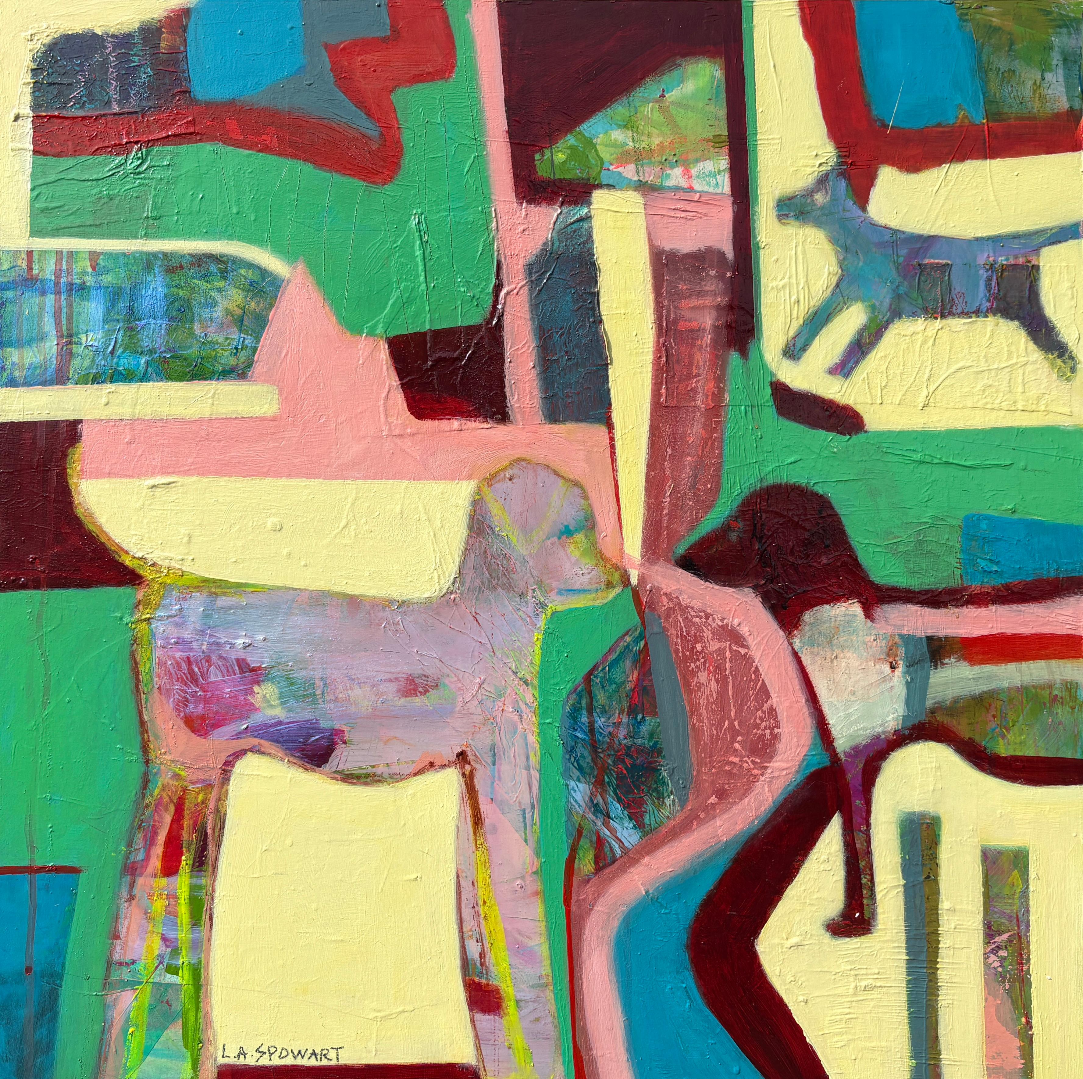 Lesley Anne Spowart (américaine, née en 1957)
"Parc à chiens" 2024
Peinture acrylique, techniques mixtes, carton
L'artiste a signé en bas à gauche et au dos du tableau.

Dans Dog Park, Lesley Anne Spowart capture un moment de chaos ludique, où des