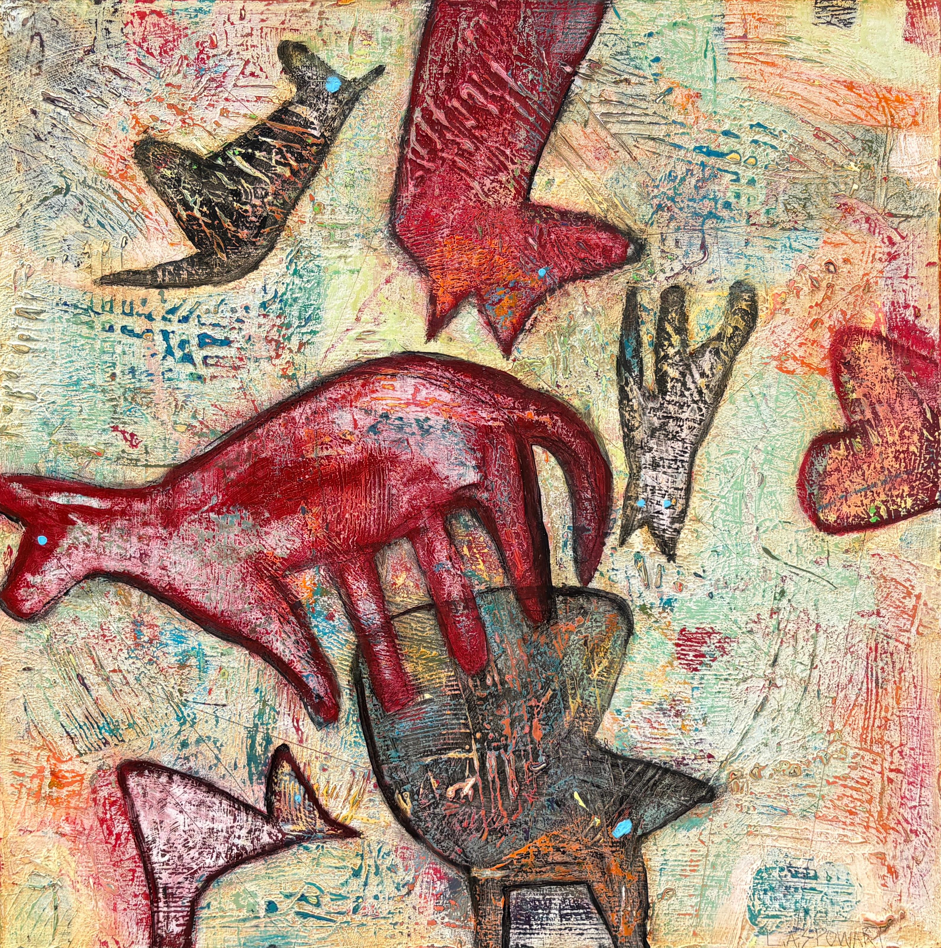 "Dog Show" - Zeitgenössisches strukturiertes abstraktes Kunstwerk mit Hunden in gemischten Medien