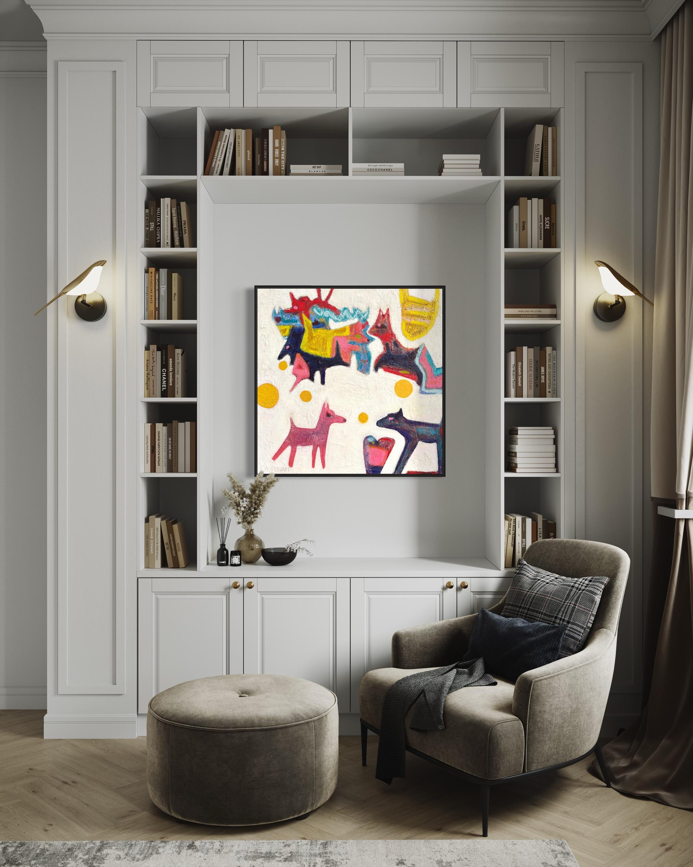 « Dogs Play Ball in Heaven » de Lesley Anne Spowart - Art néo-expressionniste blanc en vente 1