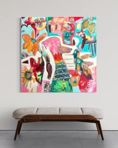 "Fifi and Her Muse", Colorful Figurative Mixed Media Abstract, Dogs and Birds