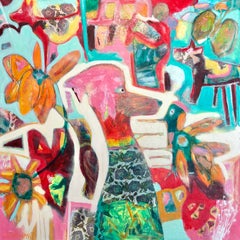 "Fifi and Her Muse", Colorful Figurative Mixed Media Abstract, Dogs and Birds