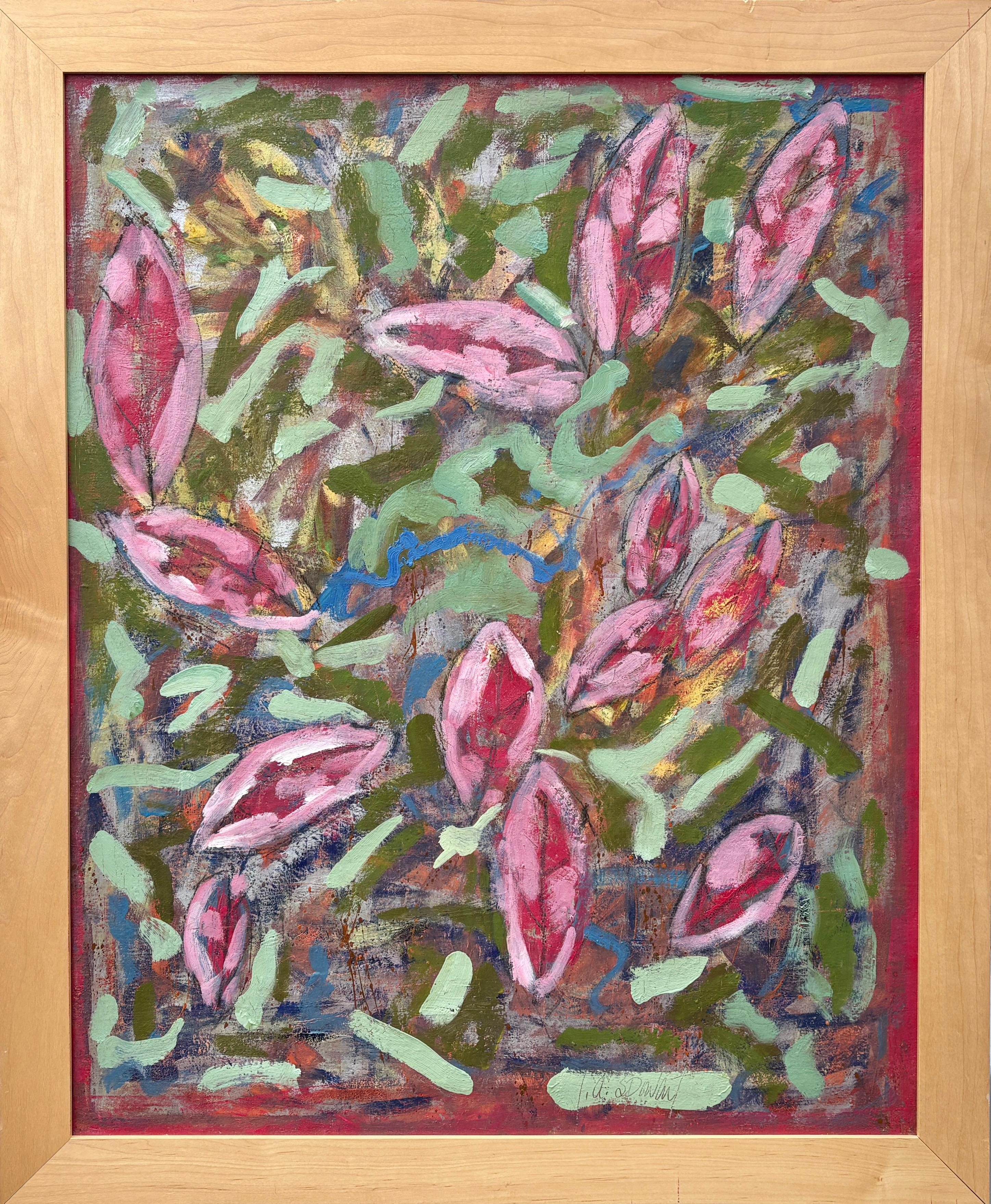 Still-Life Painting de Lesley Anne Spowart - "Flores" de Lesley A. Spowart - Pintura al óleo fauvista Flores rosas y verdes