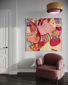 Abstraktes Ölgemälde „Footloose“ von Lesley Anne Spowart – leuchtend Rot und Rosa