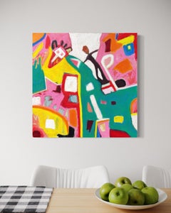 „Off to the Races“ von L. A. Spowart - Grünes, gelbes und rosafarbenes abstraktes Tier