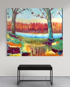 On Golden Pond, Contemporary Mixed Media Landscape Painting, Vibrant Lake Scene