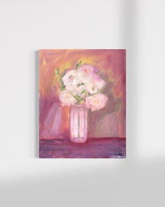 "Peonies" Vibrant Still-life Oil Painting, Pink and White Flowers in Glass Vase