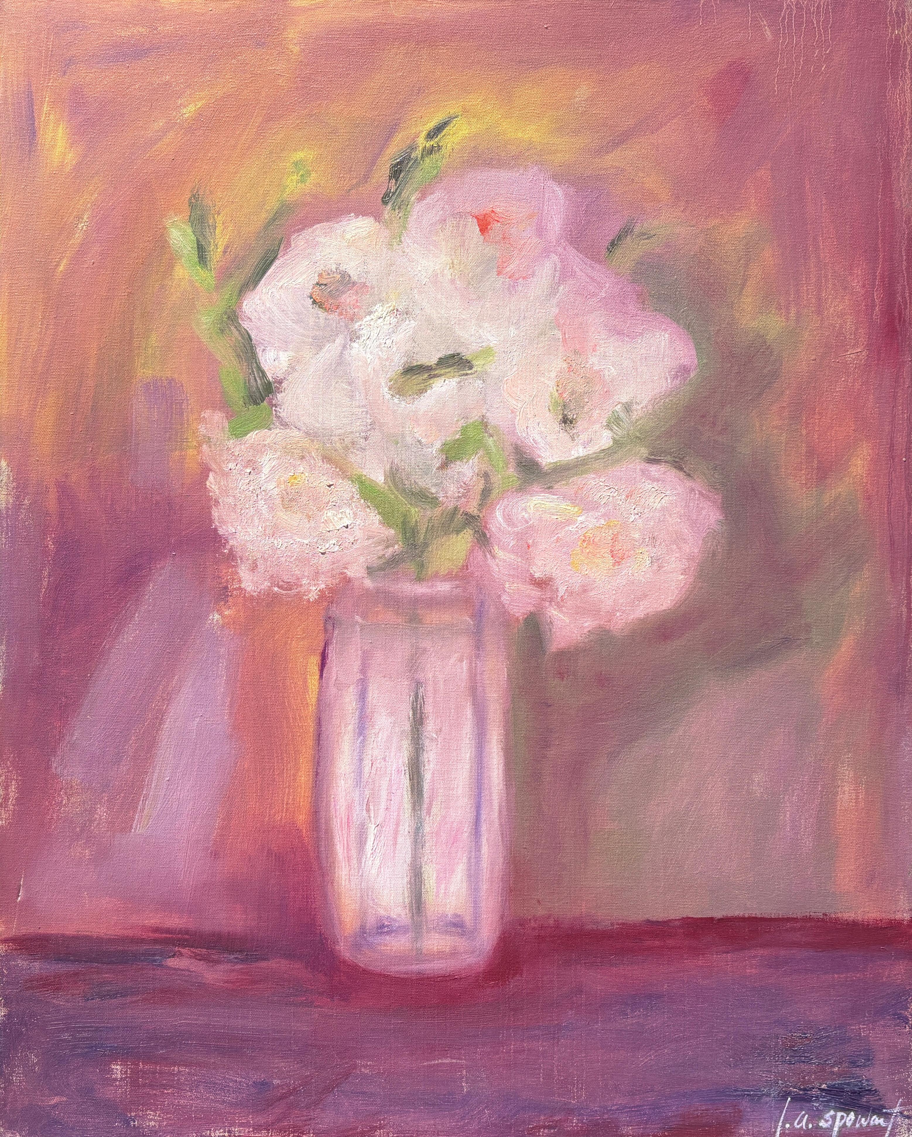 "Peonies" Vibrant Still-life Oil Painting, Pink and White Flowers in Glass Vase