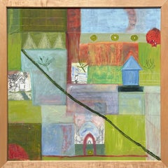 "Sacred" Colorful Mixed Media Painting on Masonite, Framed, Earth Tones, 2003