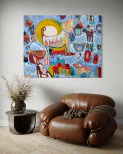 "Sunrise Sunset Mosaic" - Large Colorful Blue Modern Abstract Artwork with Dogs