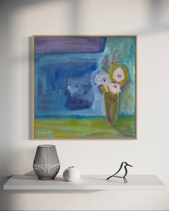 "Jarrón con flores" - Bodegón moderno de colores vivos en tonos azules y tierra