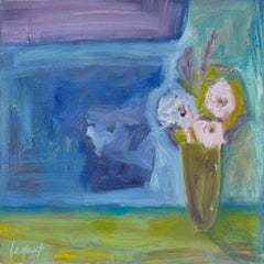 "Vase with Flowers" - Modern Colorful Bright Still-Life in Blue and Earth Tones