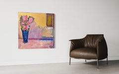 "Waiting for an Answer" - Vibrant Pink and Yellow Floral Still-Life Oil Painting