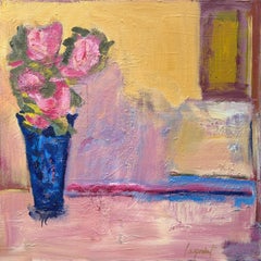 "Aspettando una risposta" - Quadro ad olio con fiori rosa e gialli vibranti
