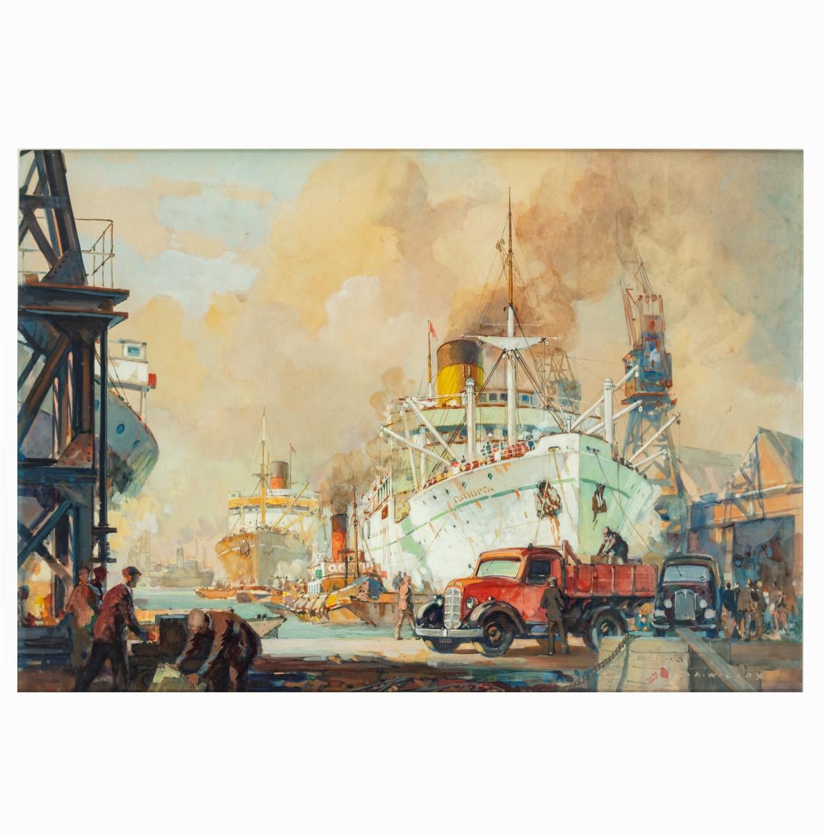 This watercolour shows a bustling port scene with lorries and porters loading a white ship with a yellow funnel, while passengers watch from the deck. A label on the back reads ‘World Commerce, L.A. Wilcox per Rogers & Co. 1950, 7898’. English,