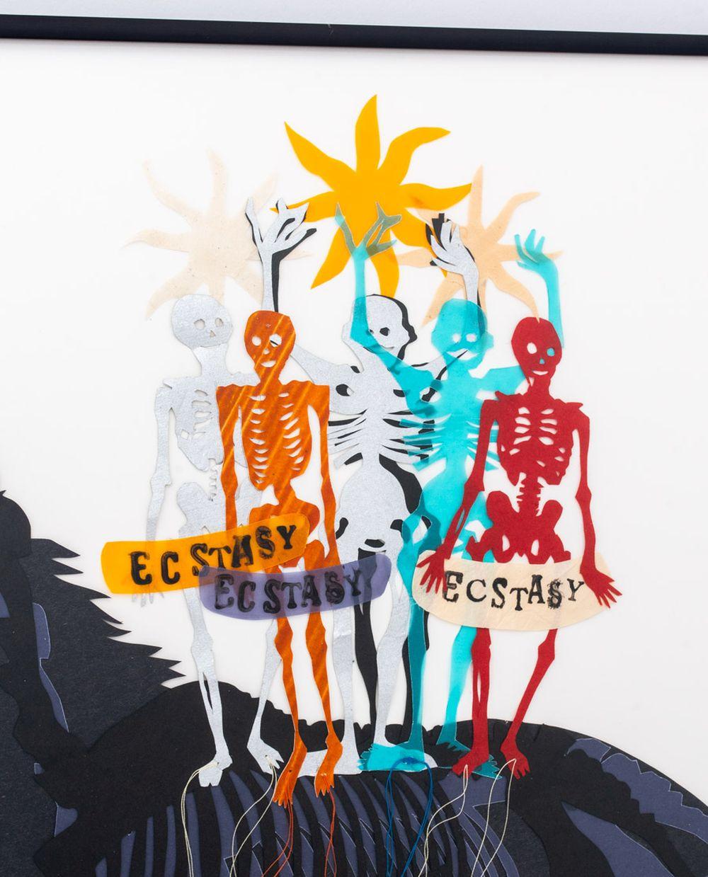 Lesley Dill (American, b. 1950), Ecstasy Skeletons on a Horse, Mixed Media Collage, apparently unsigned, ebonized metal frame. Image: 21.75