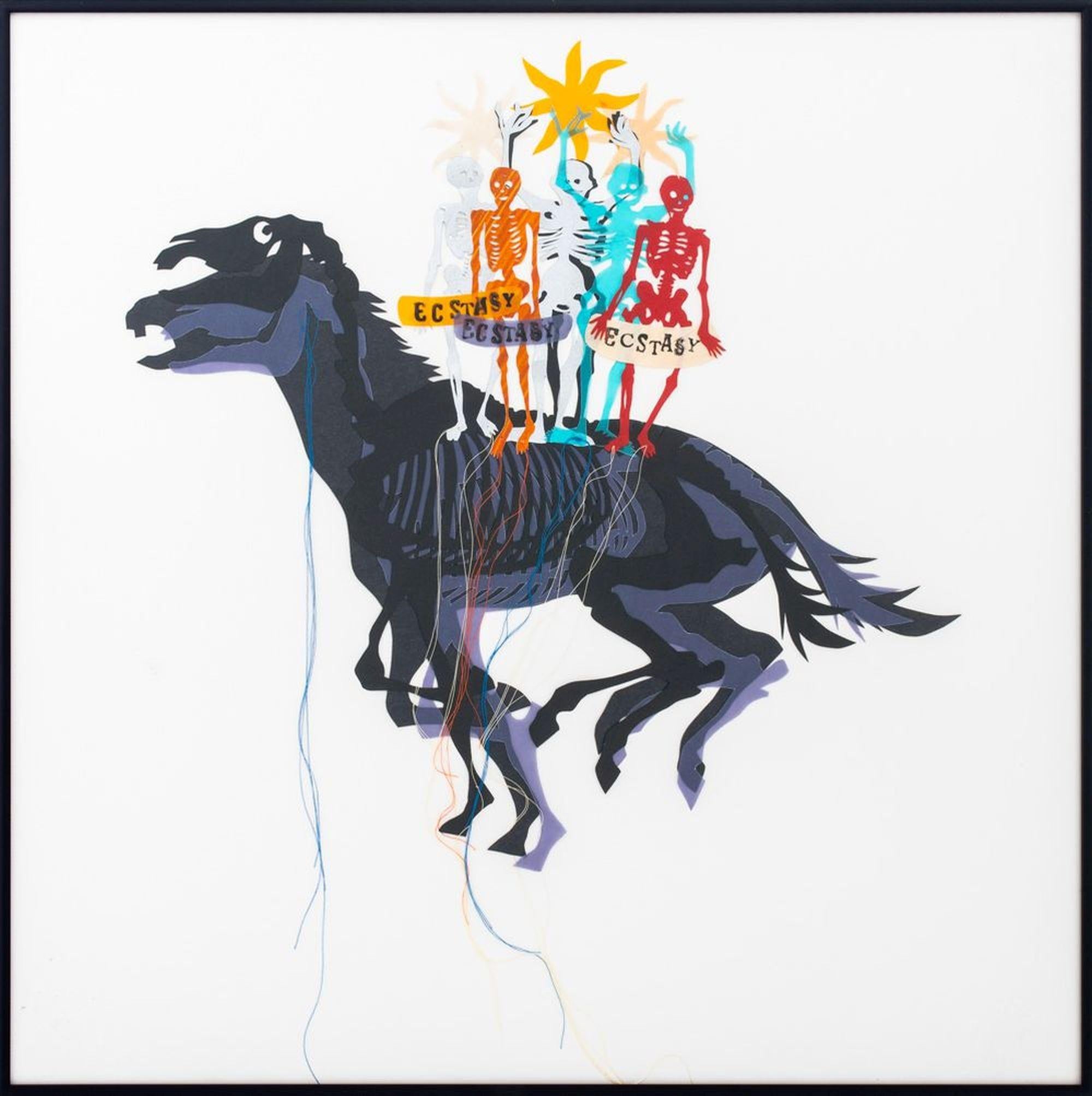 Ecstasy Skeletons Riding a Horse, Contemporary Mixed Media Collage - Art by Lesley Dill