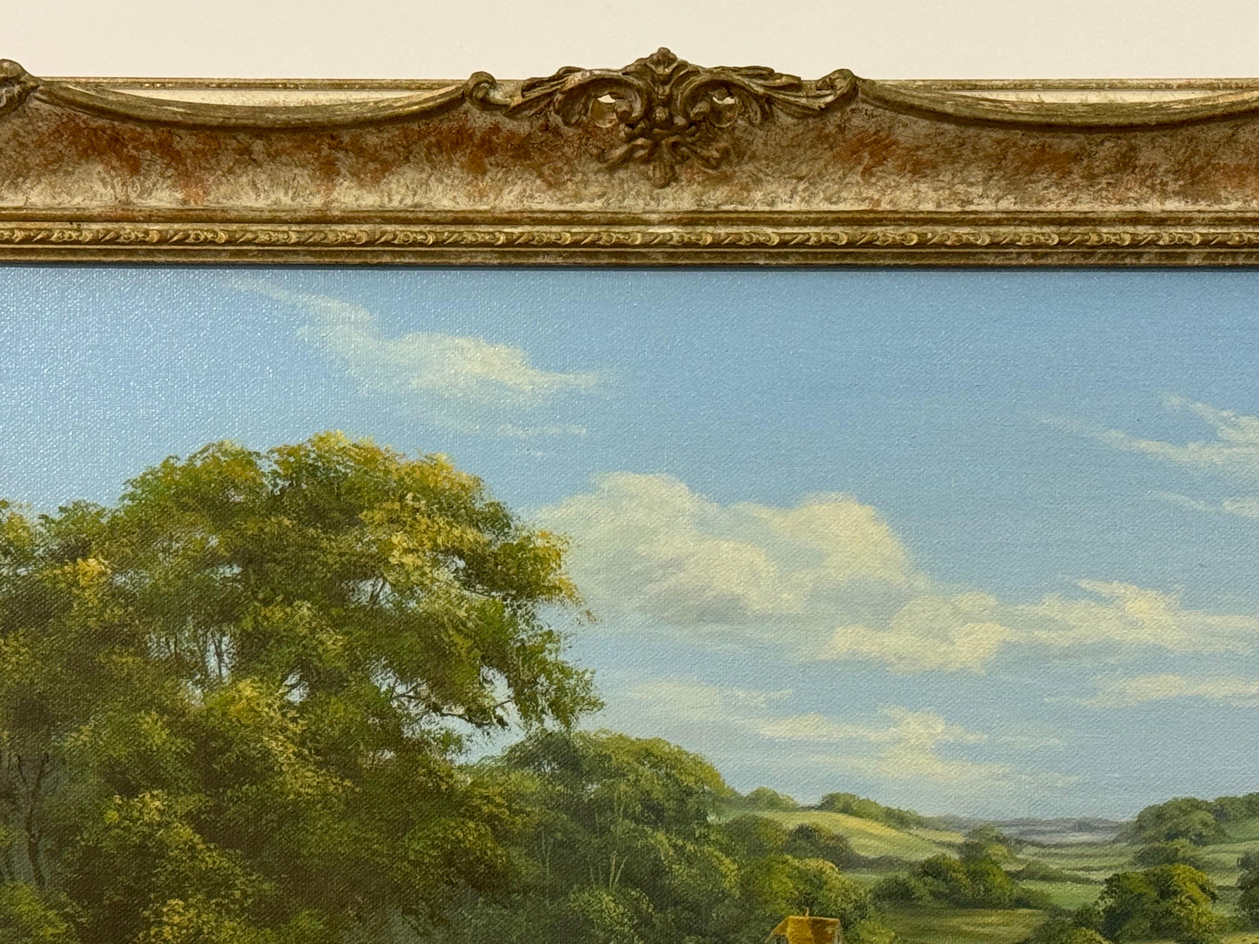 Lush Green English Countryside with Cottage & River by British Landscape Artist For Sale 6