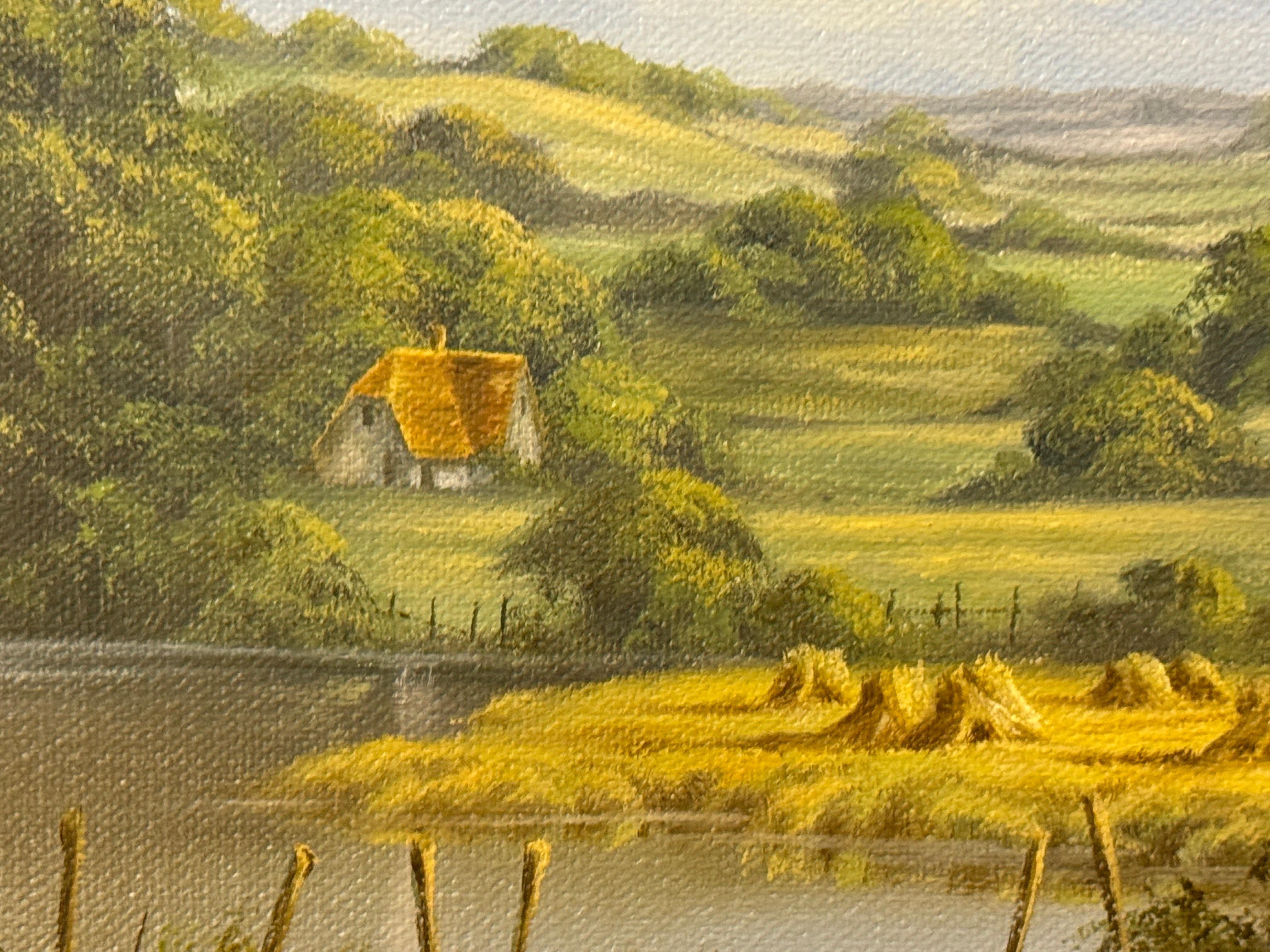 Lush Green English Countryside with Cottage & River by British Landscape Artist For Sale 8