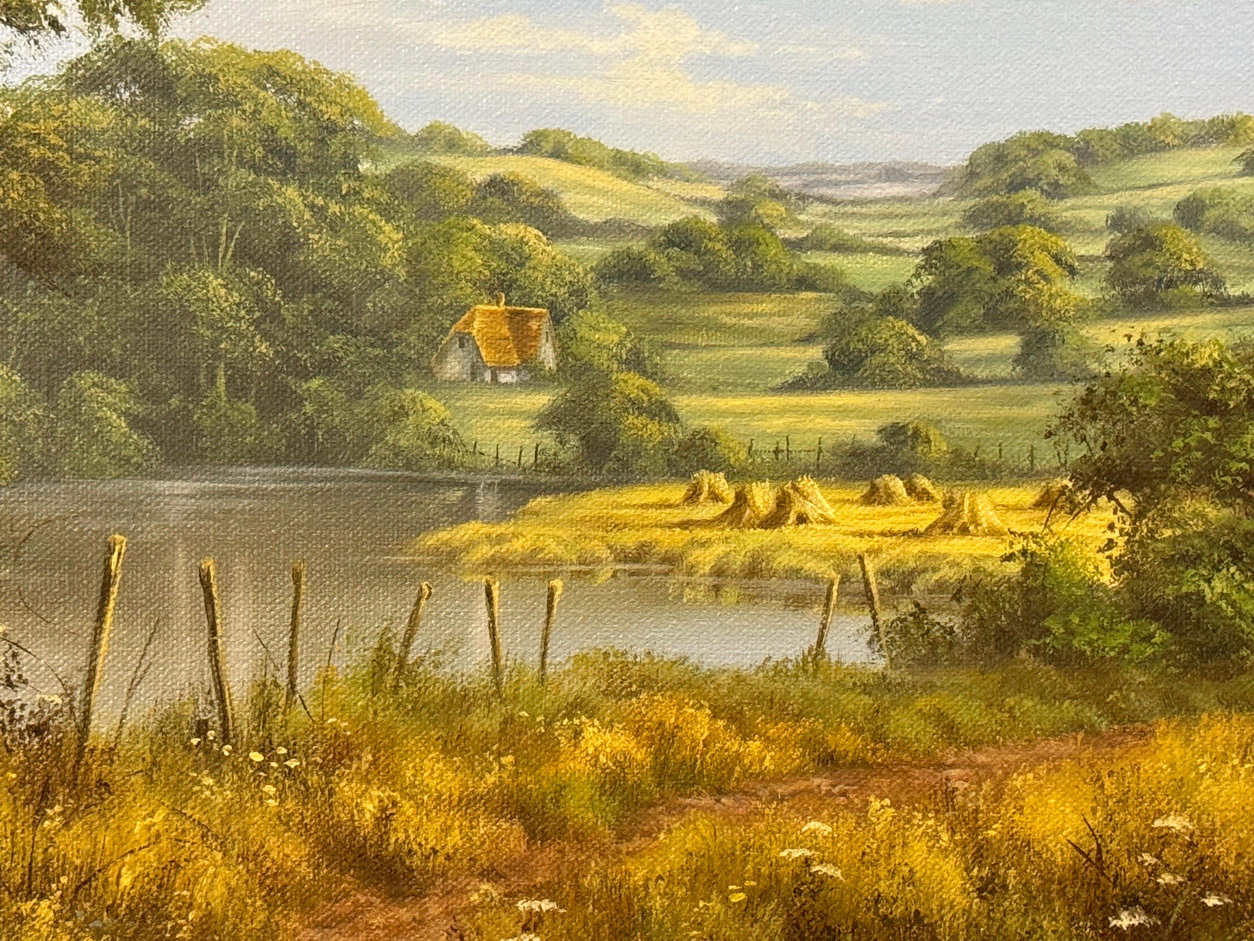 Lush Green English Countryside with Cottage & River by British Landscape Artist For Sale 10