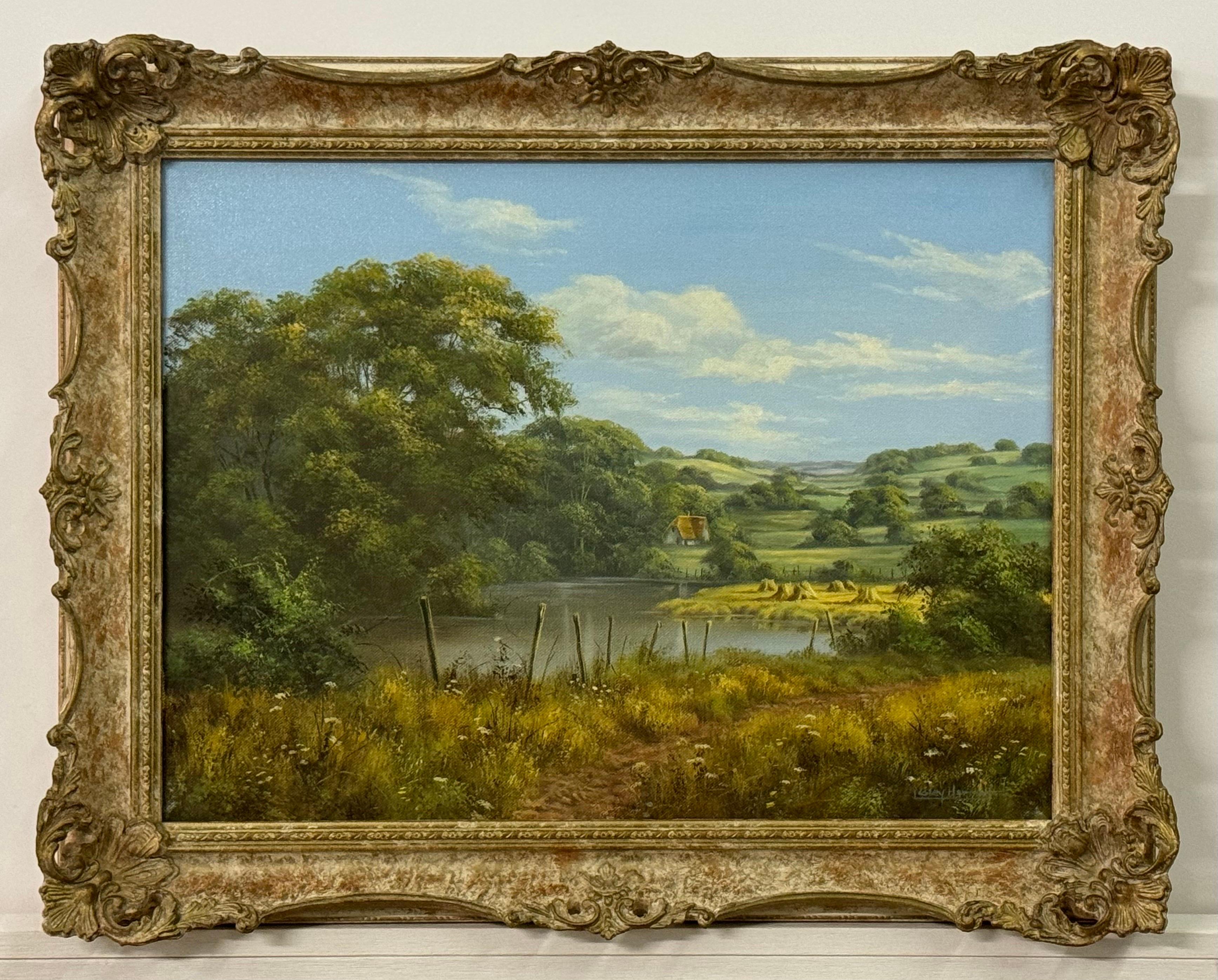 Lush Green English Countryside with Cottage & River by British Landscape Artist - Painting by Lesley Hammett
