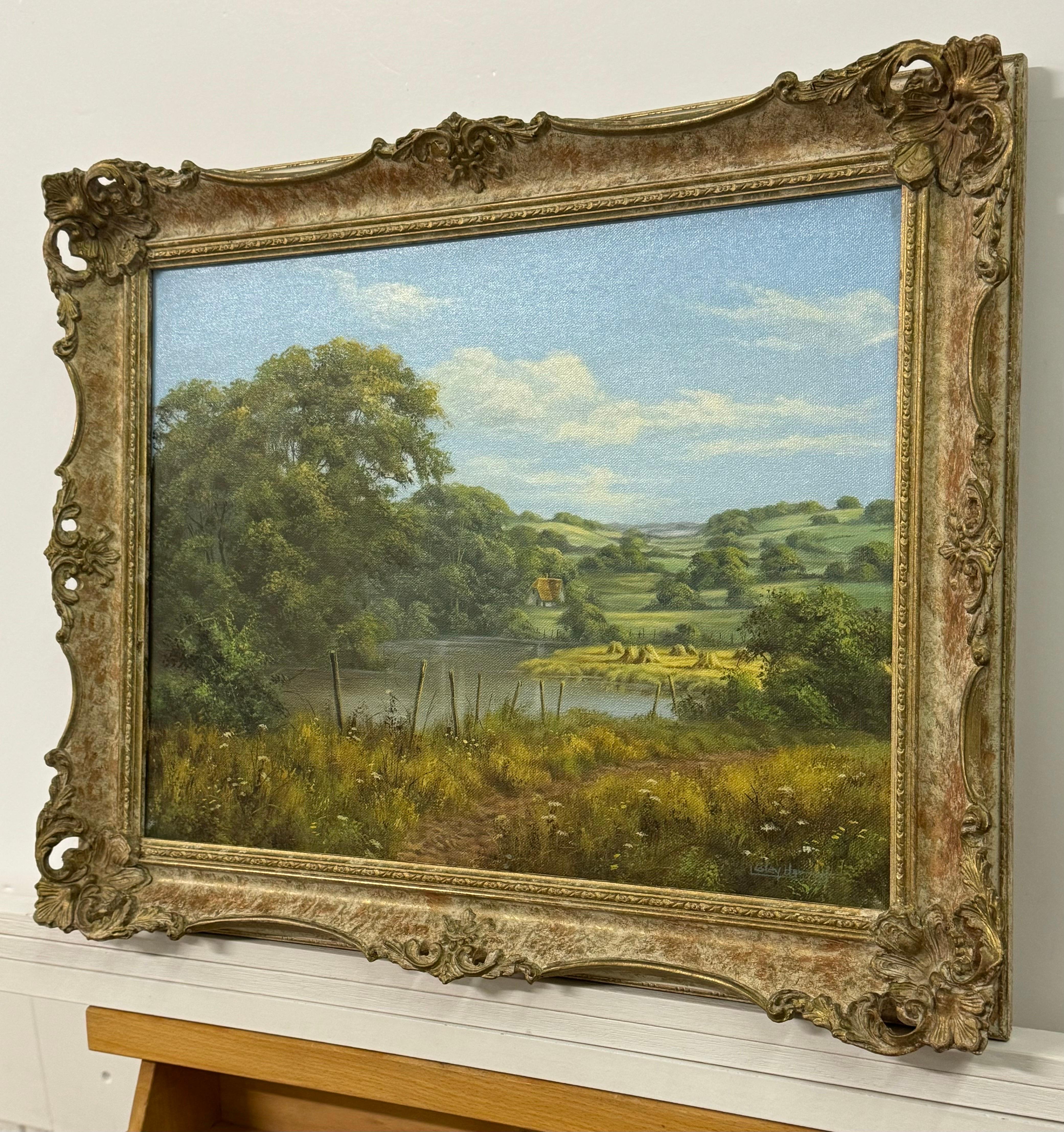 Lush Green English Countryside with Cottage & River by British Landscape Artist For Sale 1